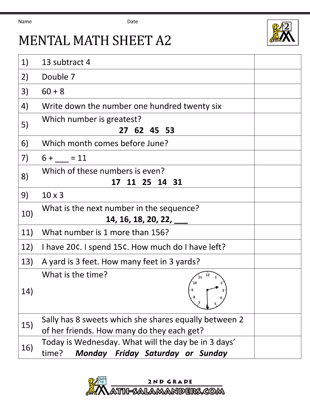 What are the 12 grade 2 mental math worksheets?