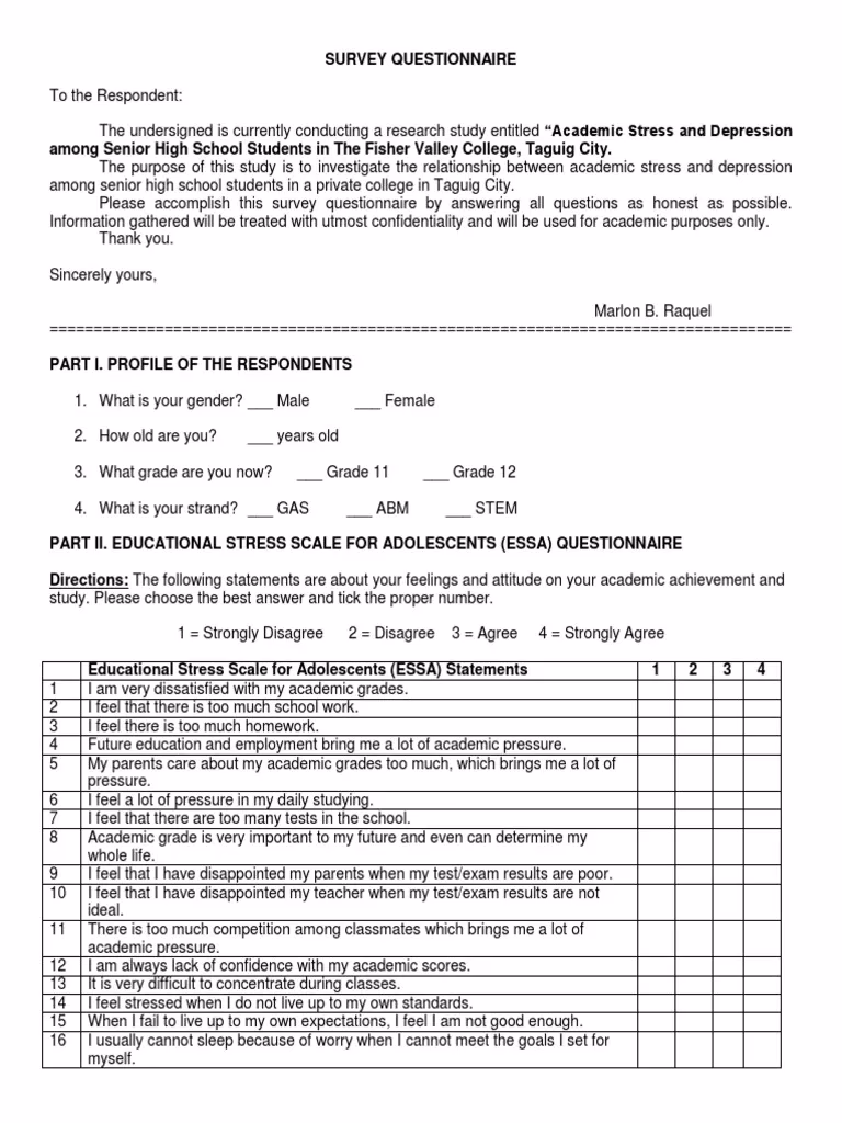 What is a mental health survey questionnaire for students?